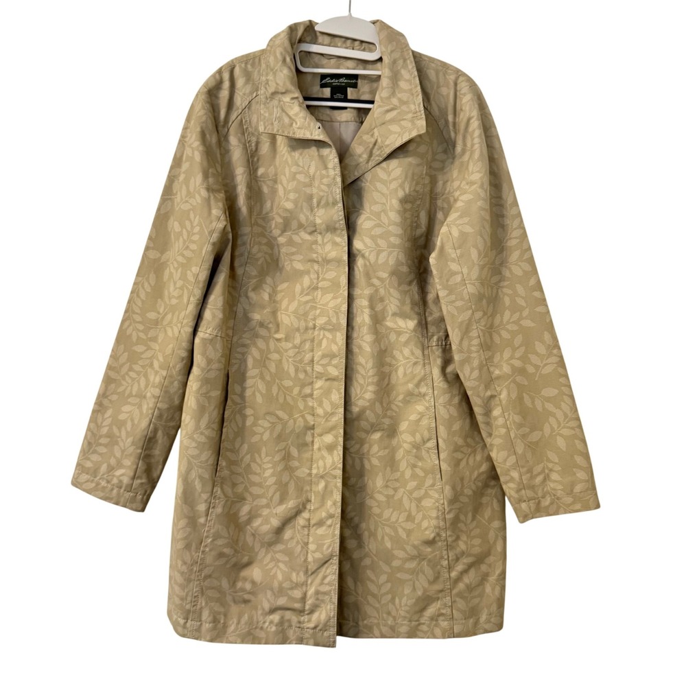 Eddie Bauer Leaf Print Trench Coat L Beige Cotton Nylon Gorpcore Hiking Nature